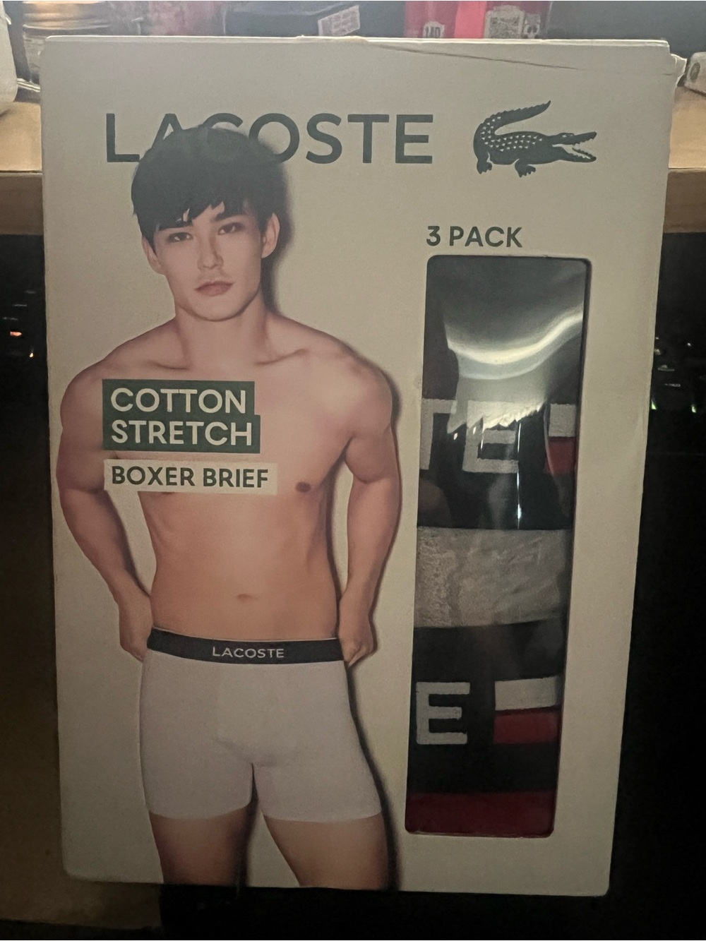 Lacoste Men’s Cotton Stretch Boxer Briefs - White/Black/Red Size Large